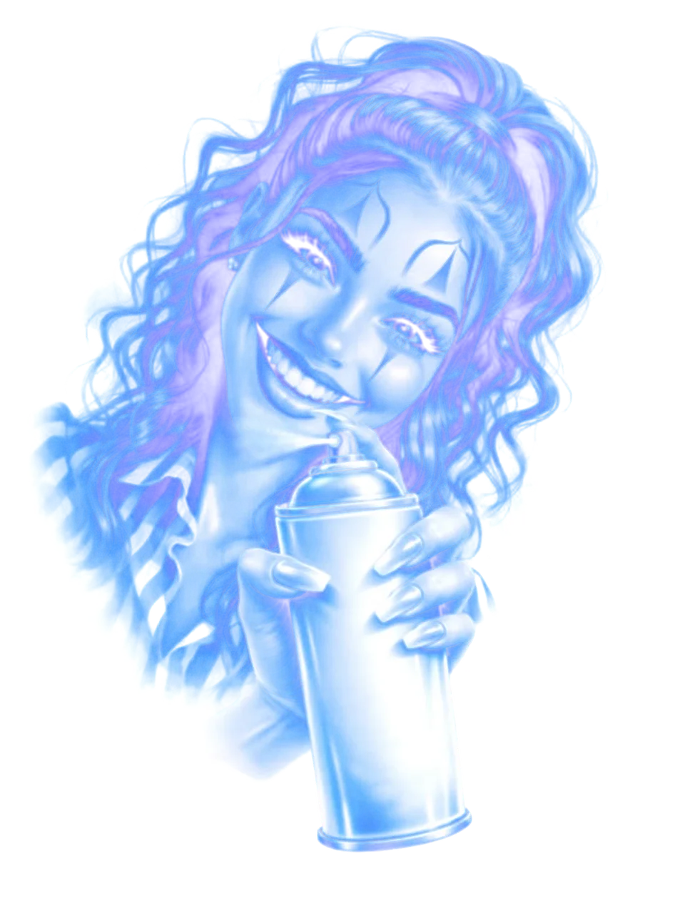 The CozyInkz payasa, a smiling clown girl holding a spray can