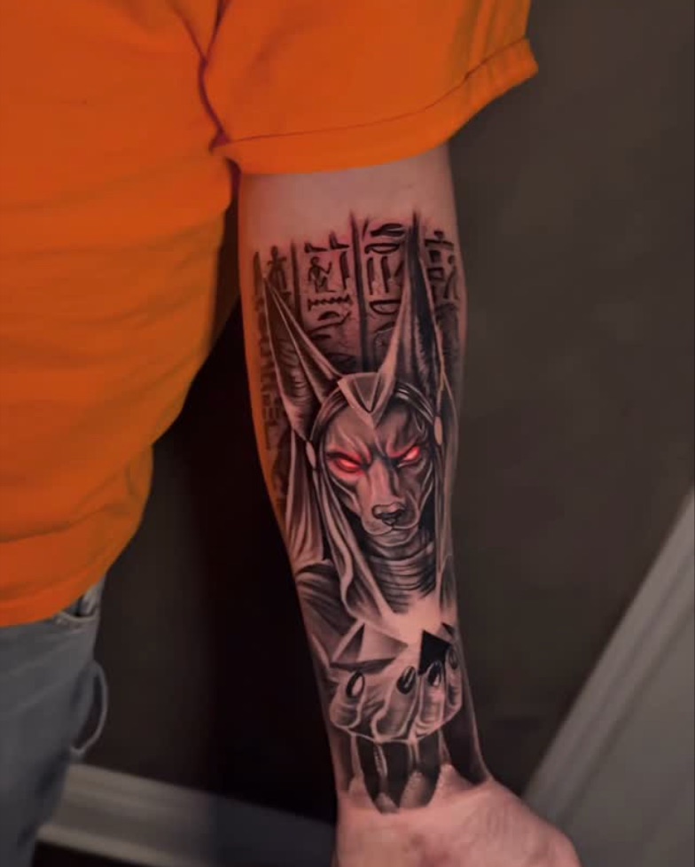 Anubis: Quarter sleeve. Tattoo by Vik.