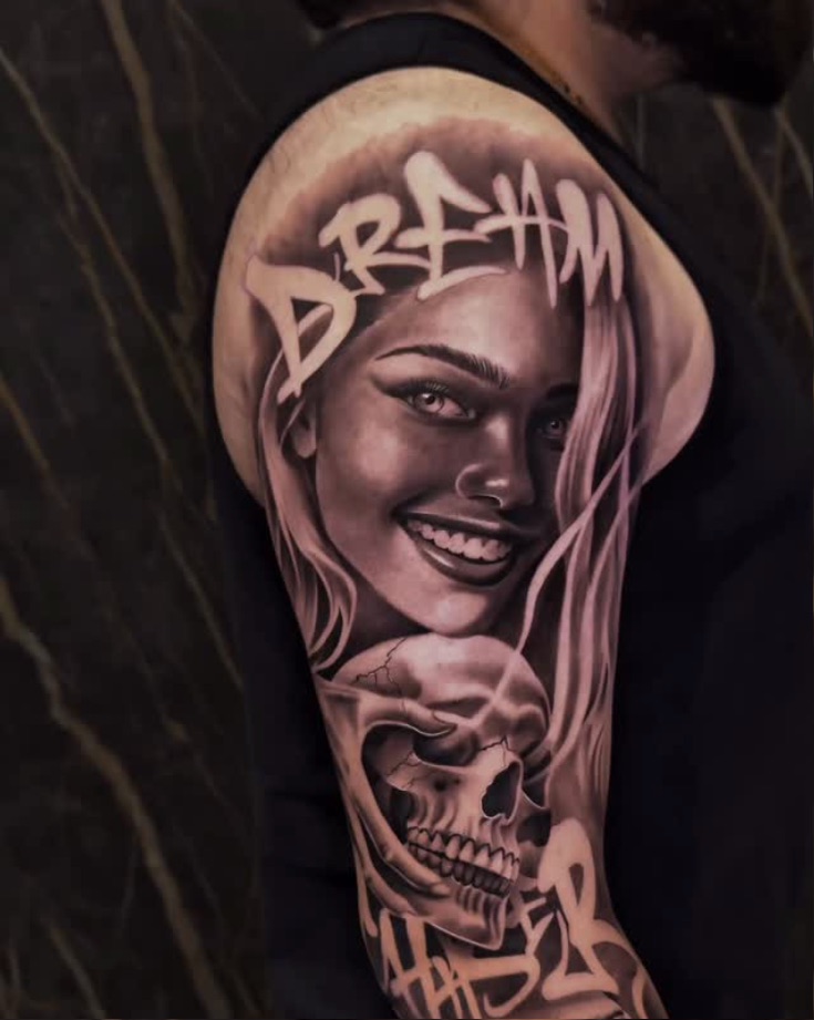 Dream Chaser: Full outer sleeve, two full-day sessions. Tattoo by Vik.