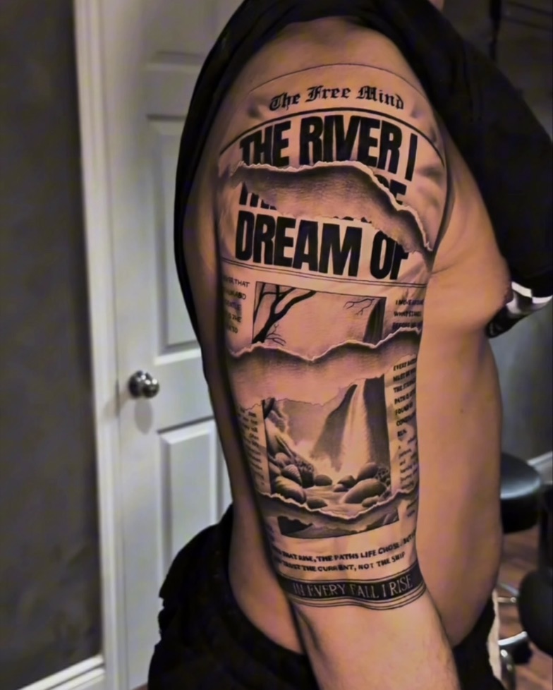 The Free Mind: Quarter sleeve built from the client's own poems. Tattoo by Vik.
